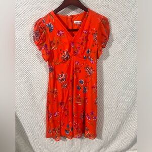 CALVIN KLEIN Dress Womens 4 Orange Floral Chiffon Empire Waist A-Line V-Neck